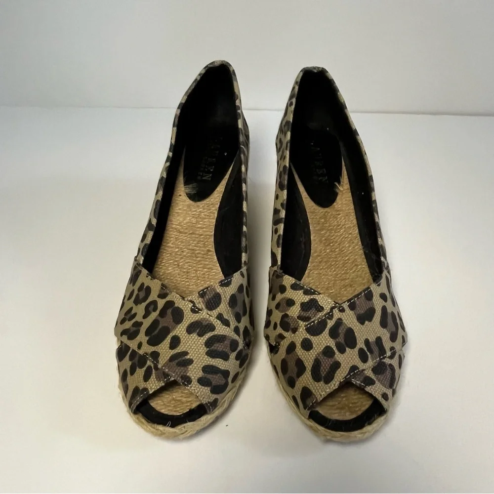 Ralph Lauren Cecilia Espadrille Wedge Sandals Women 8.5 B Cheetah Fabric Slip On